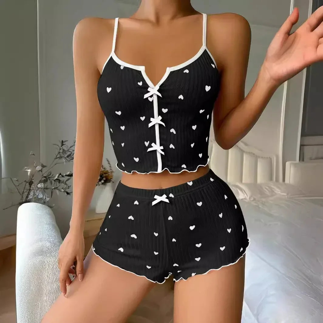 Sleepwear Women Pajamas Set Heart Print Soft Ribbed Fabric with Flirty Frill Trim Casual Cami Top and Shorts Sets Loungewear