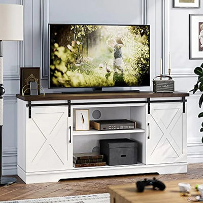 TV Cabinet, 65 Inch, Barn Door TV Cabinet with Storage and Shelves, Modern Console Living Room Table Furniture (White)