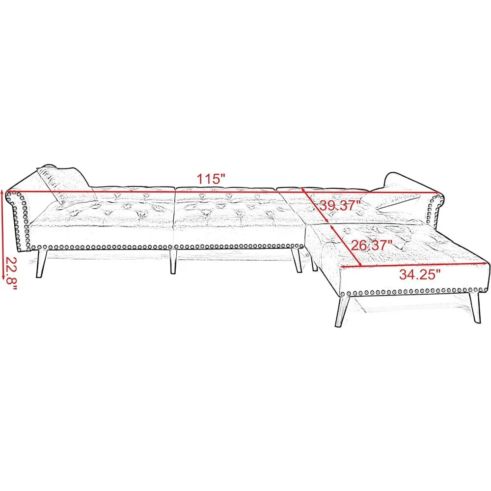 Velvet Convertible Sofa, Modern L-shaped Spike-head Corner Sofa, Reversible Chaise Longue with 2 Pillows and Living Room