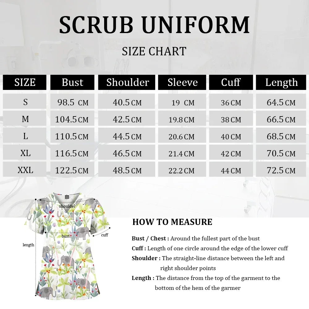 Nursing Scrubs Top Women Working Uniform Blouse Short Sleeve V-neck Printing Uniform Clothes Nurses Accessories Unisex