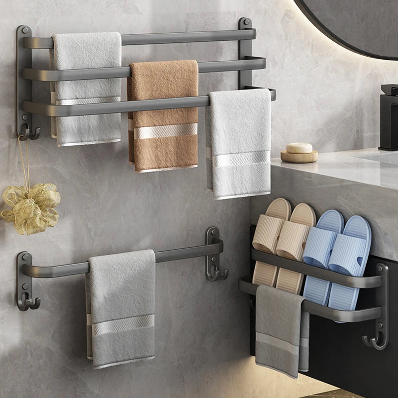 Aluminum Alloy Towel Holder Without Drilling Bathroom Accessories Towel Rack Wall Mounted Bathroom Shelf