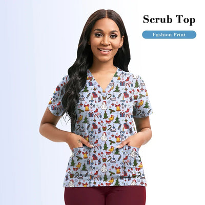 Nursing Scrubs Top Women Working Uniform Blouse Short Sleeve V-neck Printing Uniform Clothes Nurses Accessories Unisex