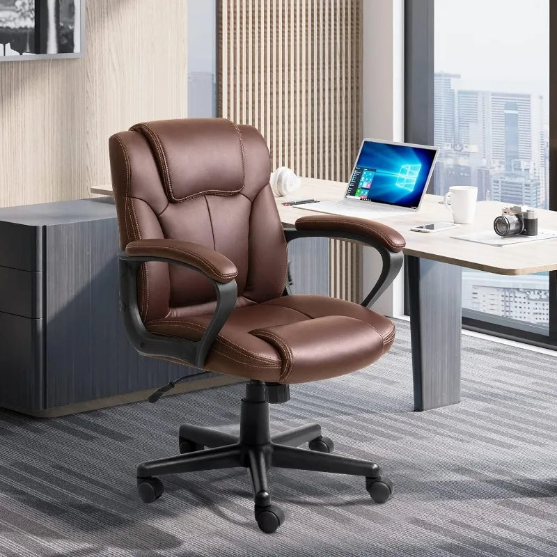 Executive Office Chair Swivel Task Seat with Ergonomic Mid-Back, Waist Support, PU Leather, Brown Office Furniture