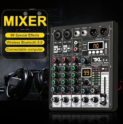 TKL 4 Channel 99 DSP Audio Mixer 48V Phantom Power USB Studio Sound Mixers Bluetooth DJ Console Mixing for Karaok