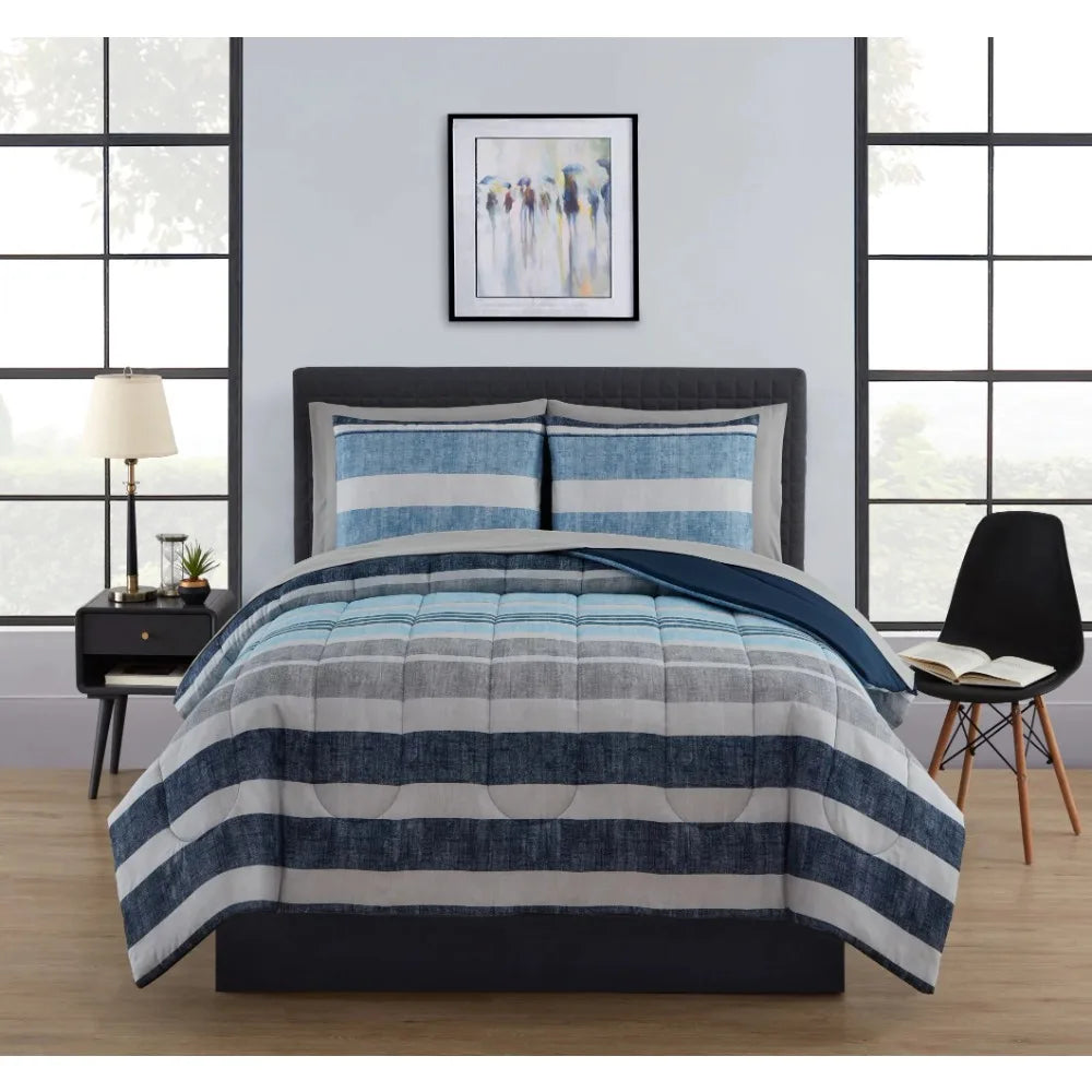 Blue Stripe 7 Piece Bed in a Bag Comforter Set with Sheets bed set  bedding set Home Textile