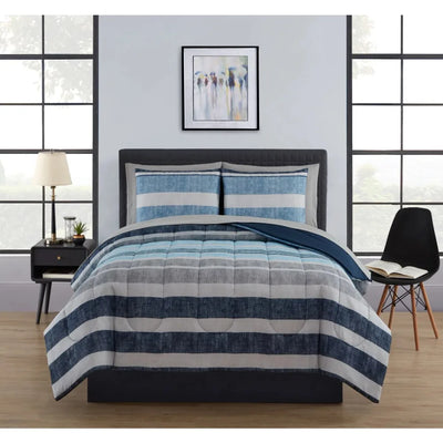 Blue Stripe 7 Piece Bed in a Bag Comforter Set with Sheets bed set  bedding set Home Textile