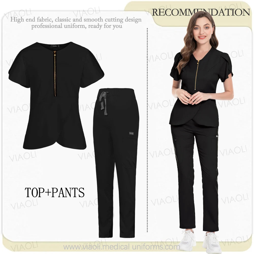 Medical Scrub Set Beauty Hospital Surgical Uniforms Women Scrub Tops Pants Nurses Accessories Dental Clinic Pet Workwear Clothes