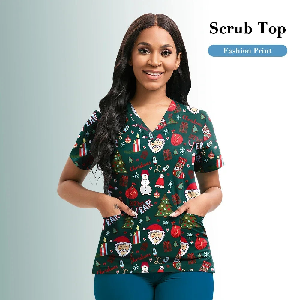 Nursing Scrubs Top Women Working Uniform Blouse Short Sleeve V-neck Printing Uniform Clothes Nurses Accessories Unisex