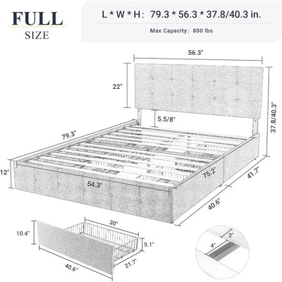 Upholstered Full Size Platform Bed Frame with 4 Storage Drawers and Headboard, No Box Spring Needed, Light Grey