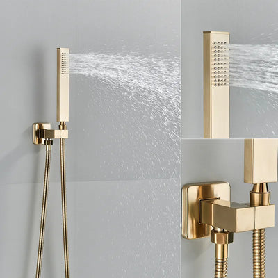 Brushed Gold Concealed Shower Faucet Set Embedded Cartridge Faucet Rainfall Shower Head Rotate/Waterfall Bath Spout Mixer Tap