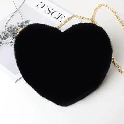 Heart Shaped Fluffy Shoulder Bag Fashion Chain Crossbody Bag Plush Handbag Cute Zipper Purse For Valentine's Day