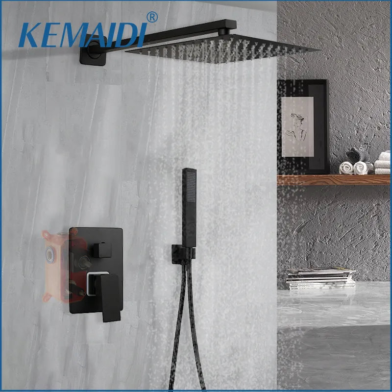 KEMAID Matte Black Rainfall Shower Faucet Systerm W/ Embedded Box Valve Wall Mounted Shower Faucets 2 Way Function Mixer Gold