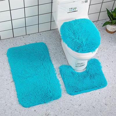 3pcs/set Solid Color Bathroom Mat Set Fluffy Hairs Bath Carpets Modern Toilet Lid Cover Rugs Kit Rectangle