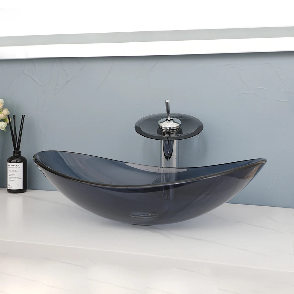 Vessel Sink Oval Glass Vessel Sink with Waterfall Faucet Tap Tempered Glass Bathroom Sink Above Counter