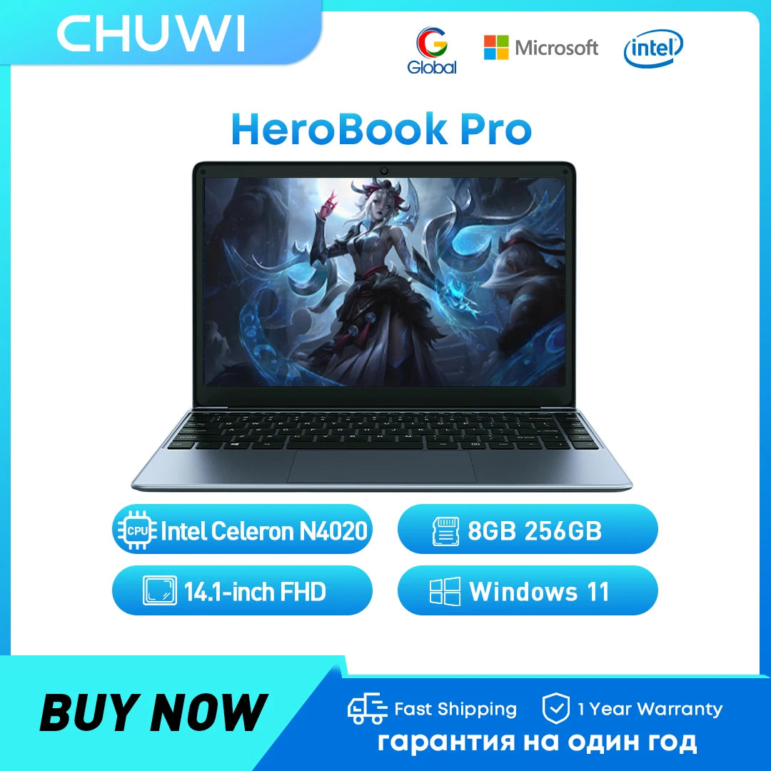 CHUWI HeroBook Pro Laptop 8GB RAM 256GB SSD Intel Celeron N4020 Dual Core 14.1 inch IPS Screen Windows 11 NoteBook Computer