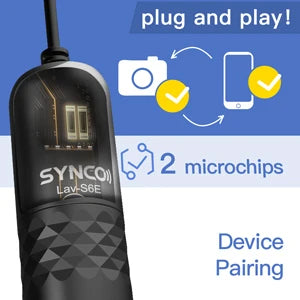 SYNCO Lav-S6E Professional Lavalier Microphone Clip-on Omnidirectional Condenser Lapel Mic Auto-Pairing 6M/19.7 Long Cable