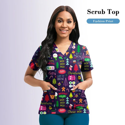 Nursing Scrubs Top Women Working Uniform Blouse Short Sleeve V-neck Printing Uniform Clothes Nurses Accessories Unisex