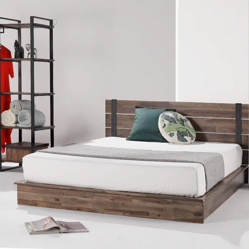 Metal and Wood Platform Bed Frame / Solid Acacia Wood Mattress Foundation / No Box Spring Needed / Easy Assembly