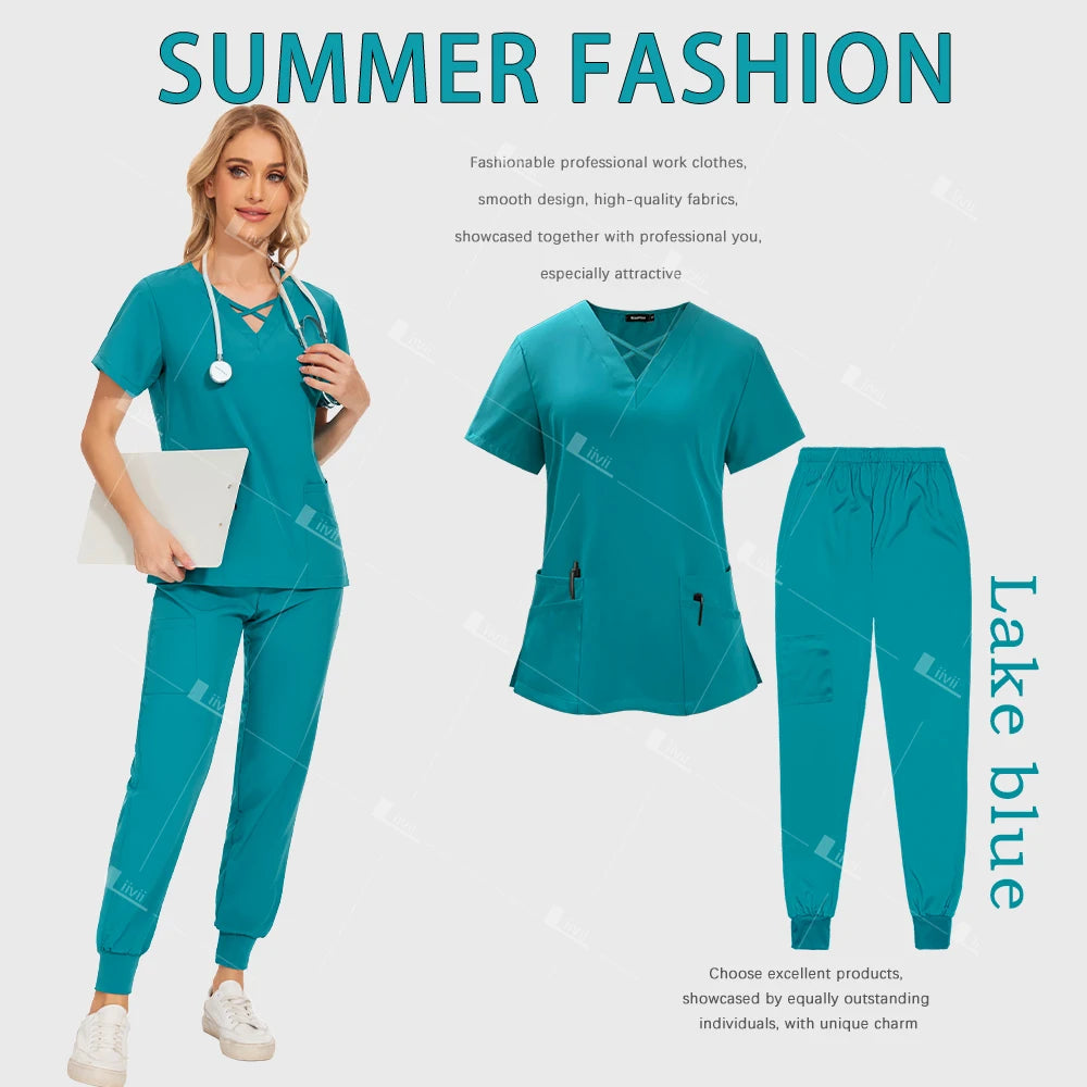 Polychrome Beautician Uniform Medical Surgical Suits Woman Nursing Sets Scrub Top Pants Articles Nurse Uniform Clinical Workwear