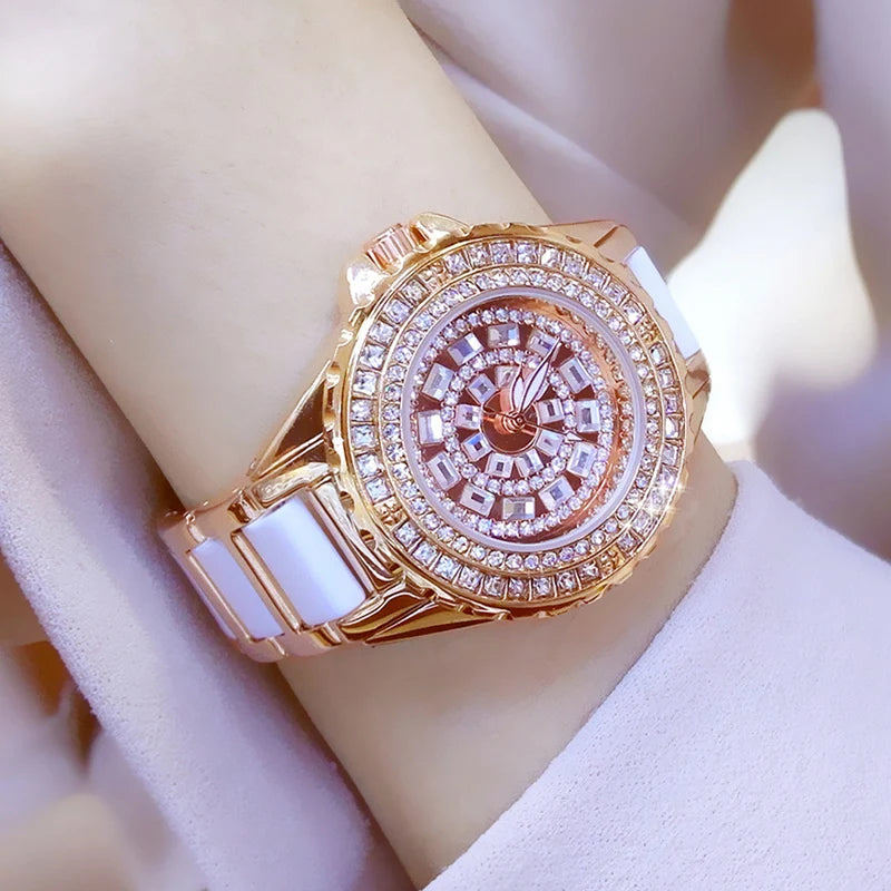 BS bee sister Luxury Brand Women Watches Full Diamond Watch Gold Bracelet Ceramic Strap Female Waterproof Quartz Watches Golden