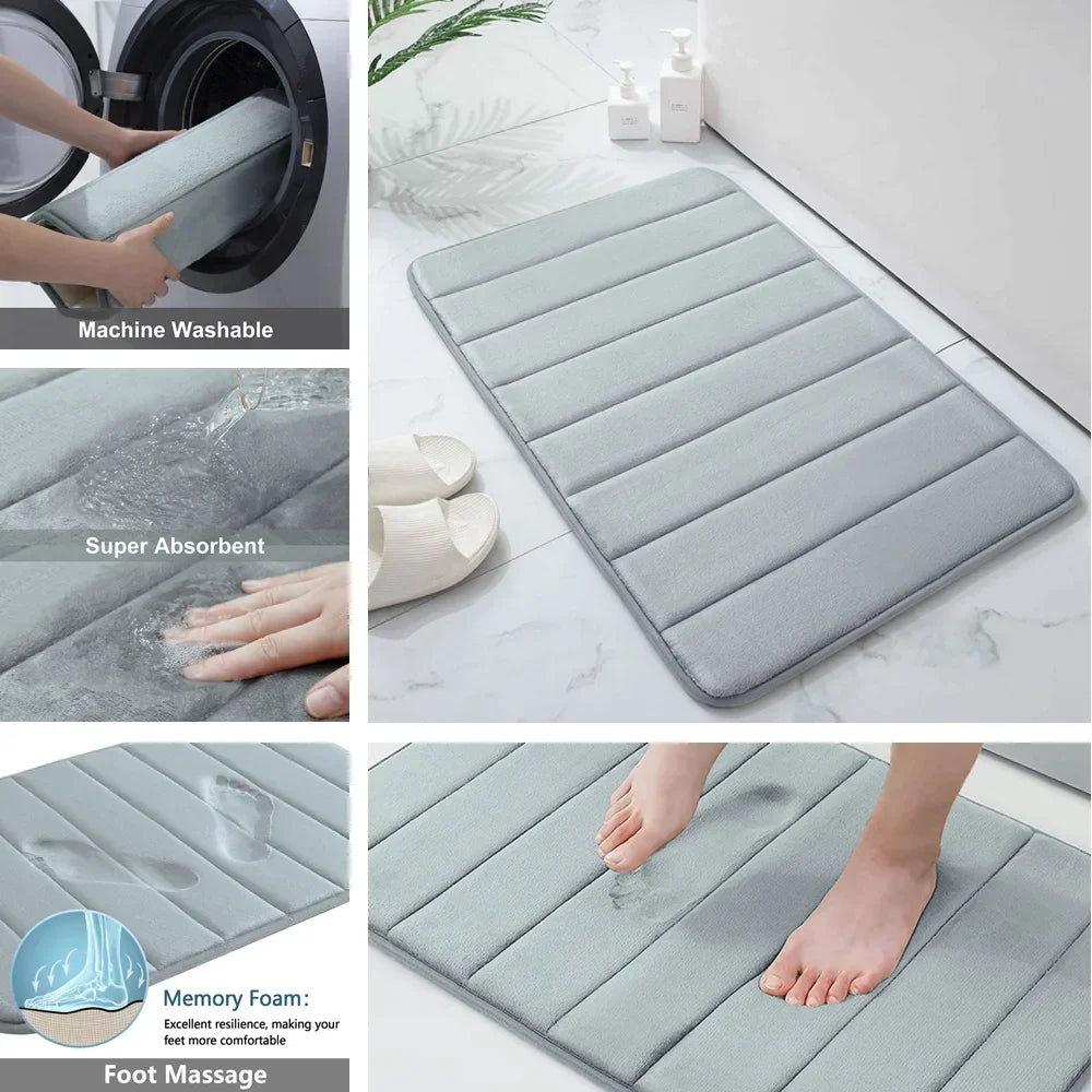 Set 3 Piece Memory Foam Bathroom Rug Grey Non-Slip Extra Absorbent Toilet Bath Foot Mats Sets Soft & Dry Home Washable Carpets