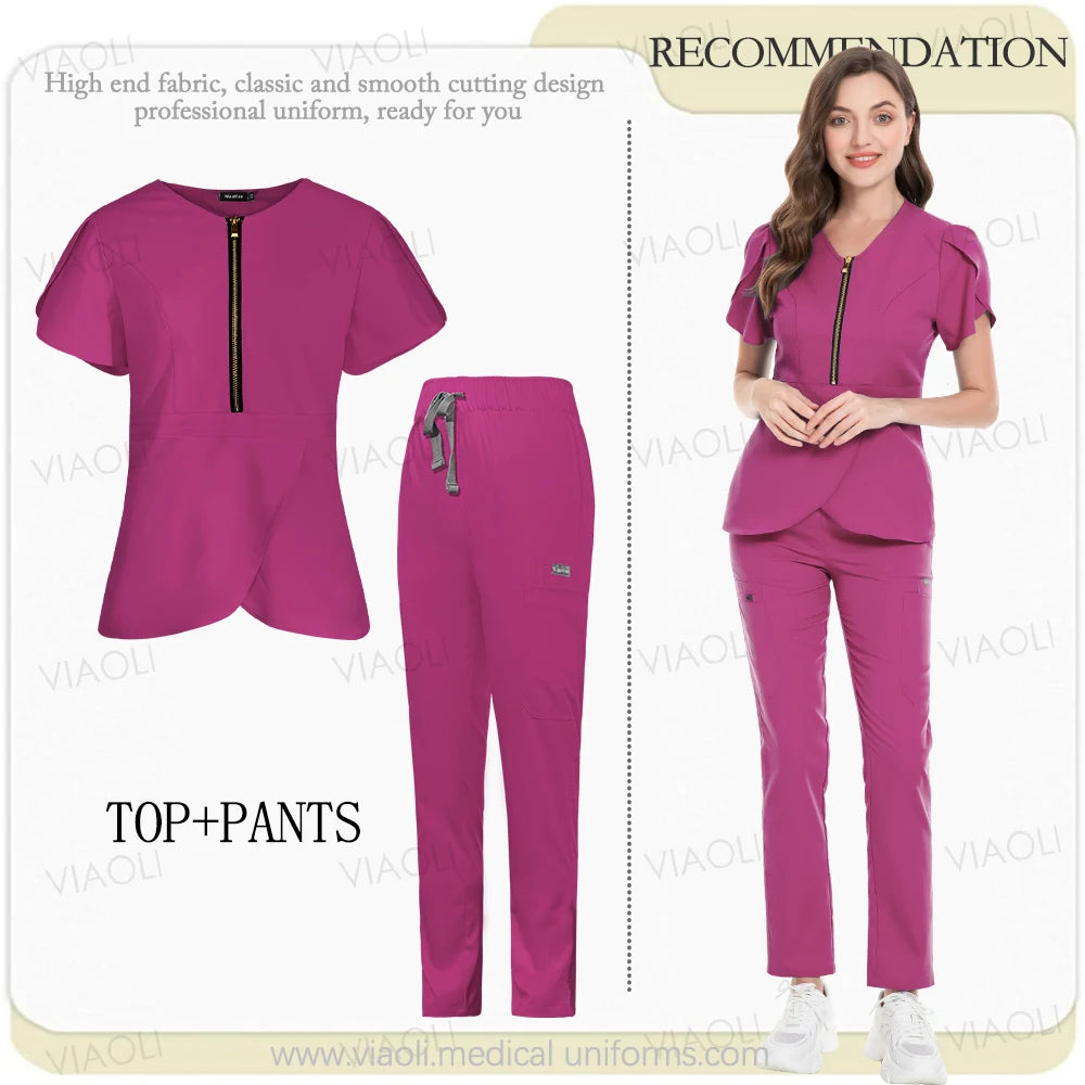 Medical Scrub Set Beauty Hospital Surgical Uniforms Women Scrub Tops Pants Nurses Accessories Dental Clinic Pet Workwear Clothes