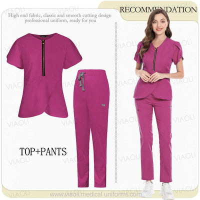 Medical Scrub Set Beauty Hospital Surgical Uniforms Women Scrub Tops Pants Nurses Accessories Dental Clinic Pet Workwear Clothes