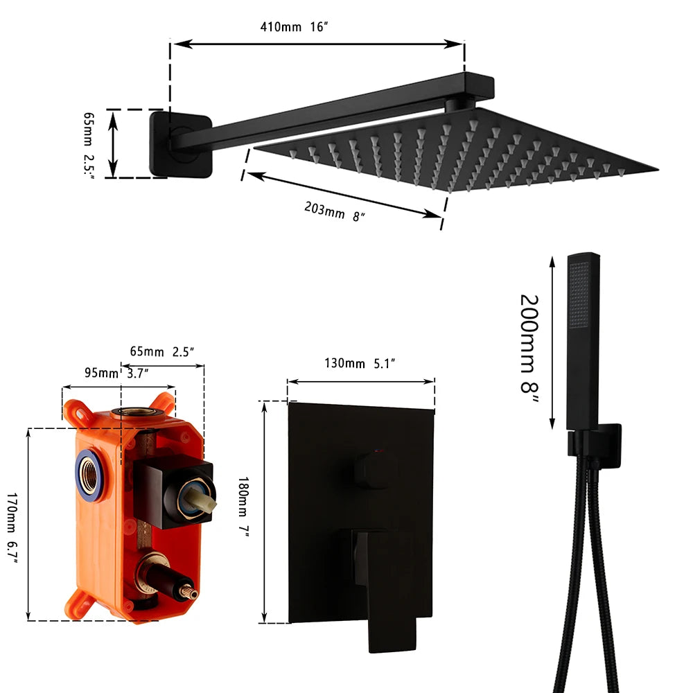 KEMAID Matte Black Rainfall Shower Faucet Systerm W/ Embedded Box Valve Wall Mounted Shower Faucets 2 Way Function Mixer Gold