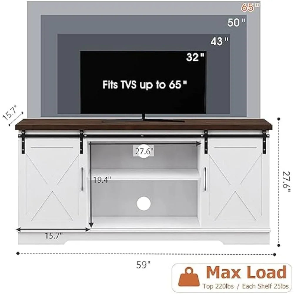 TV Cabinet, 65 Inch, Barn Door TV Cabinet with Storage and Shelves, Modern Console Living Room Table Furniture (White)