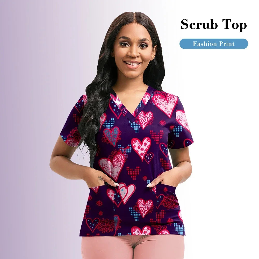 Nursing Scrubs Top Women Working Uniform Blouse Short Sleeve V-neck Printing Uniform Clothes Nurses Accessories Unisex