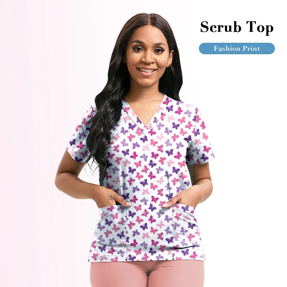 Nursing Scrubs Top Women Working Uniform Blouse Short Sleeve V-neck Printing Uniform Clothes Nurses Accessories Unisex