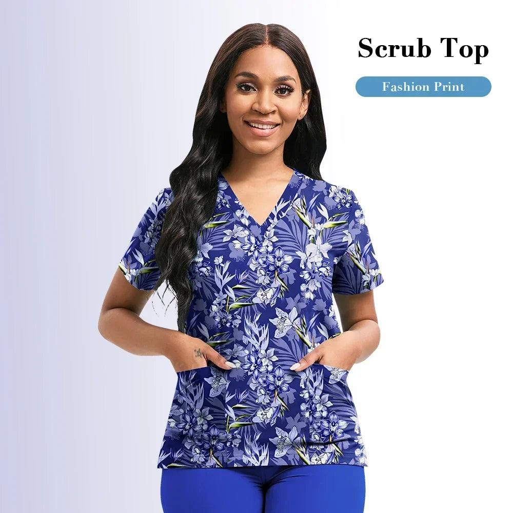 Nursing Scrubs Top Women Working Uniform Blouse Short Sleeve V-neck Printing Uniform Clothes Nurses Accessories Unisex