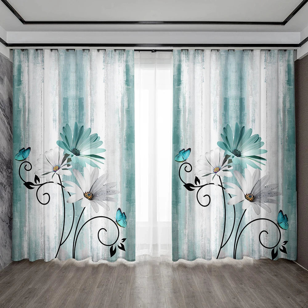 2PC Home Decoration Curtains, Various Flowers With Pole Pocket Curtains, Suitable For My Coffee Shop, Living Room, Study Farm