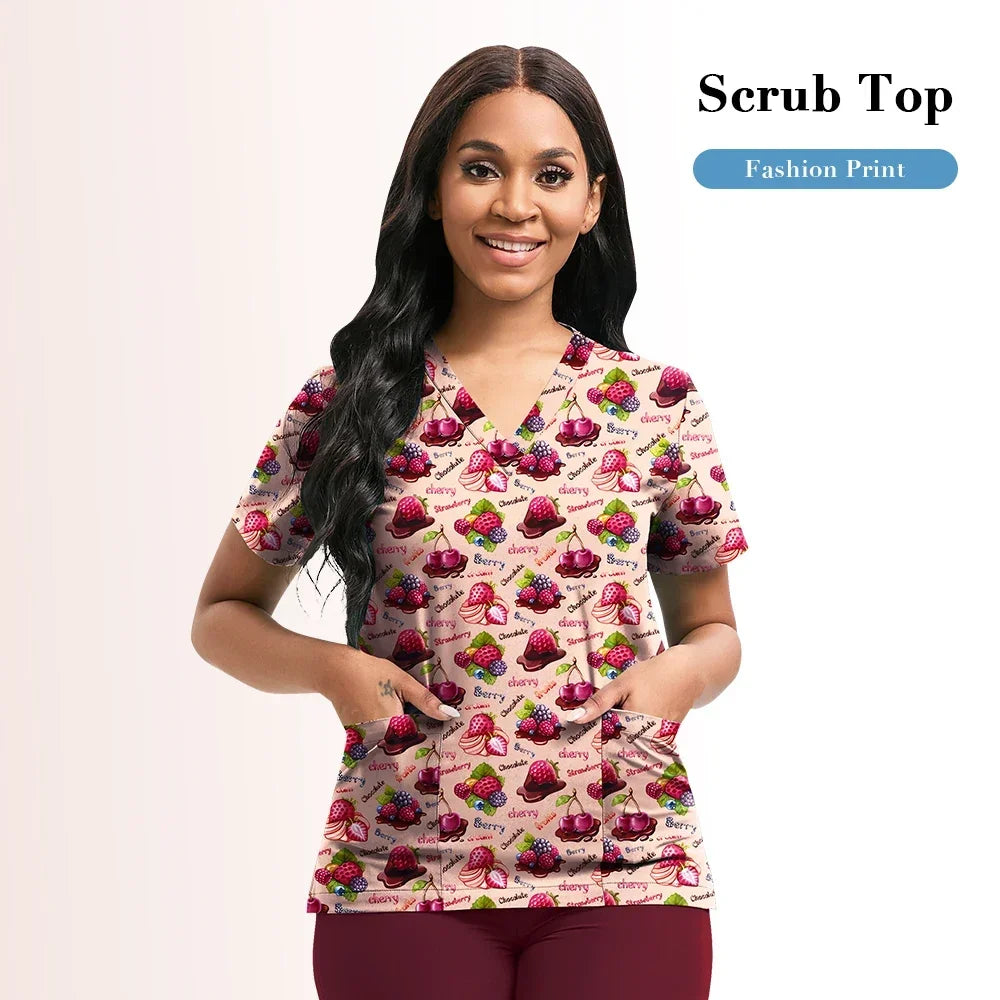 Nursing Scrubs Top Women Working Uniform Blouse Short Sleeve V-neck Printing Uniform Clothes Nurses Accessories Unisex