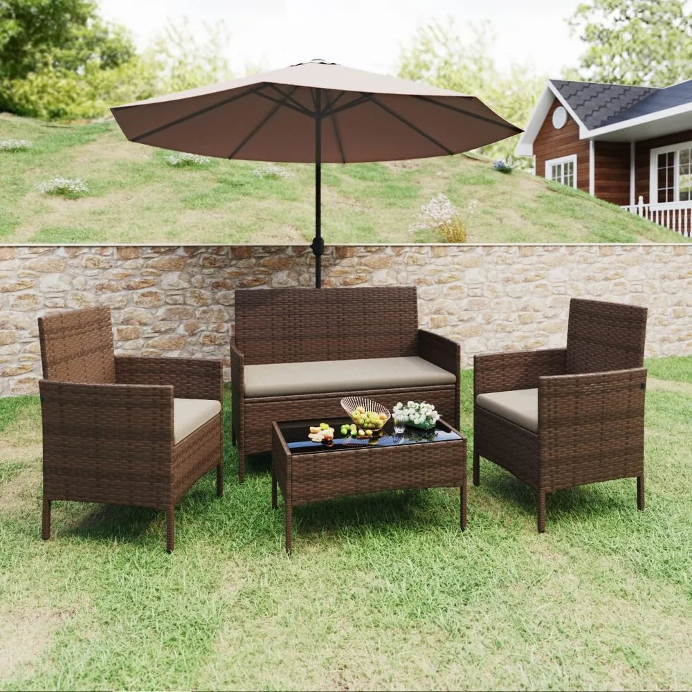 Patio furniture 4 piece set outdoor wicker rattan chair garden backyard balcony two-seater sofa with upholstery, brown and beige