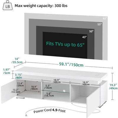 TV Cabinet Power Outlet, 55/60/65 Inch, Entertainment Center Locker, LED TV Media Stand, Mass Storage, White