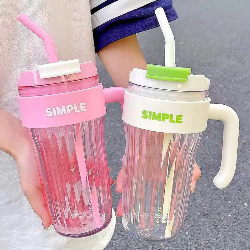 920ml Large Capacity Plastic Water Cup Striped Transparent Straw Coffee Cup High Temperature Resistant Water Bottle With Handle