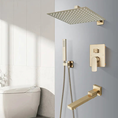 Brushed Gold Concealed Shower Faucet Set Embedded Cartridge Faucet Rainfall Shower Head Rotate/Waterfall Bath Spout Mixer Tap