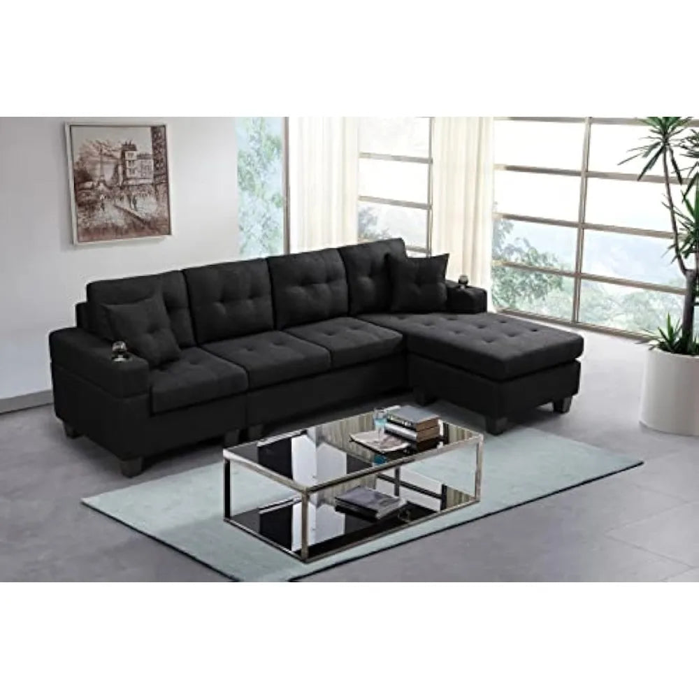 Living room sofa L-shaped upholstered fold-down sofa bed with reversible chaise longue modern fabric furnishings, black