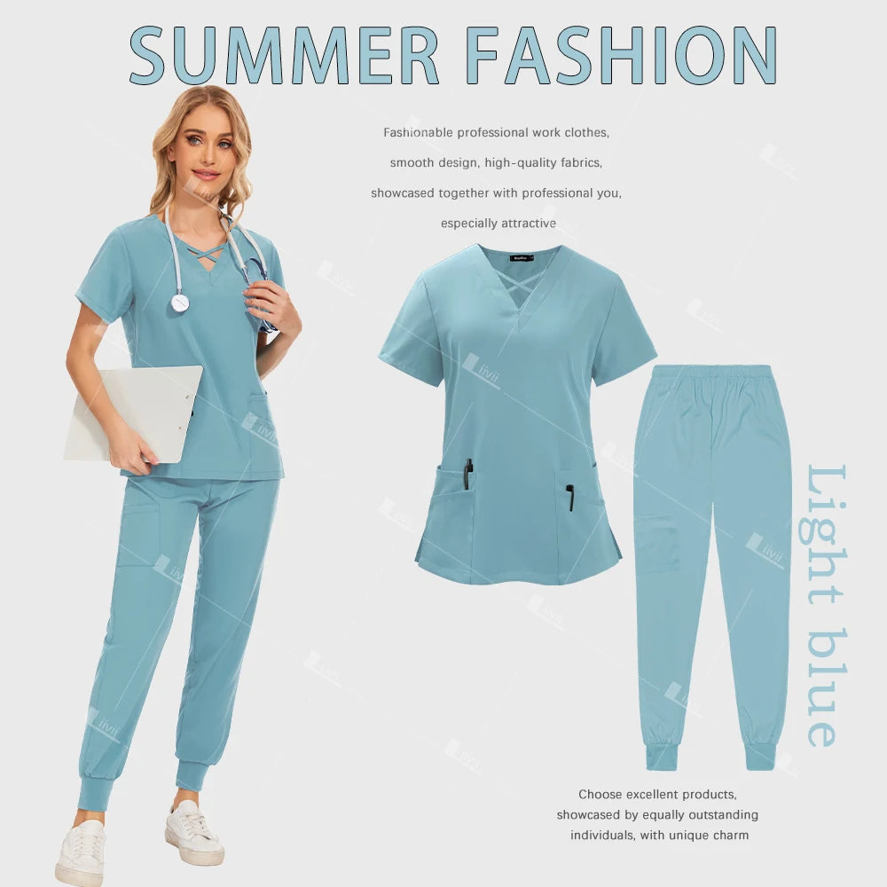 Polychrome Beautician Uniform Medical Surgical Suits Woman Nursing Sets Scrub Top Pants Articles Nurse Uniform Clinical Workwear