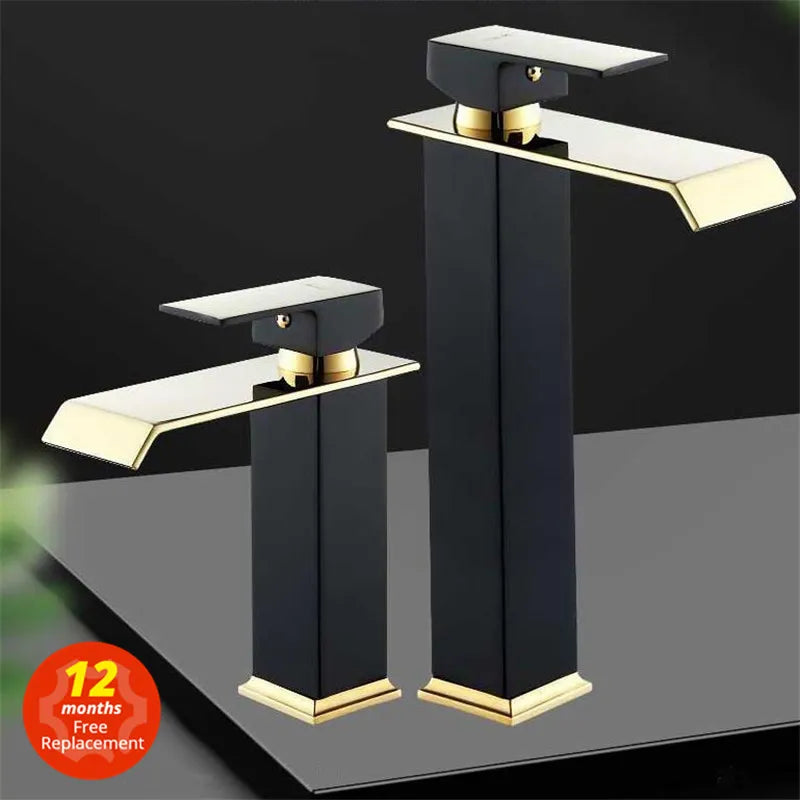 Gold and Black Waterfall Faucet Brass Bathroom Faucet Bathroom Basin Faucet Mixer Tap Hot and Cold Sink faucet