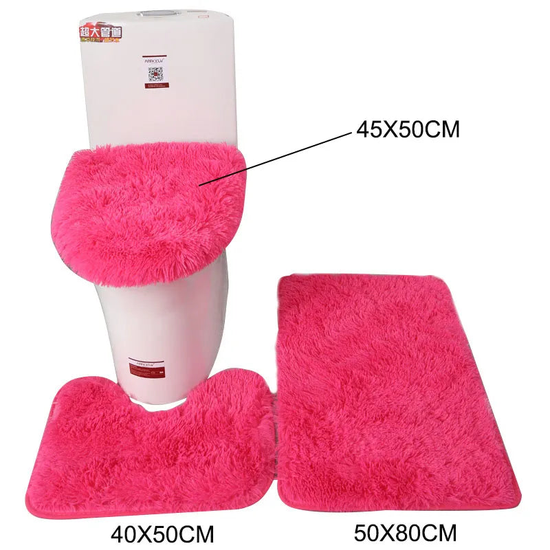 3pcs/set Plush Bathroom Bath Mat Set Anti Slip Toilet Rugs and Toilet Lid Cover Soft Fluff Shower Carpet Floor Mats