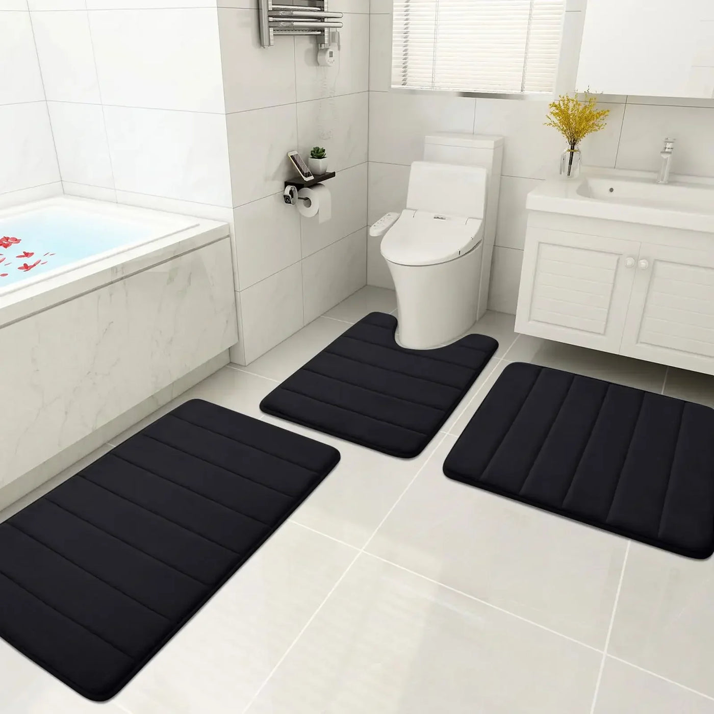 Set 3 Piece Memory Foam Bathroom Rug Grey Non-Slip Extra Absorbent Toilet Bath Foot Mats Sets Soft & Dry Home Washable Carpets