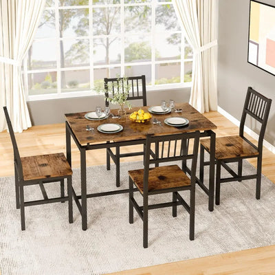 Kitchen Table and Chair Set, 5-piece Dining Table Set Wooden Table and 4 Chairs with Backrests for Dining Room, Living Room