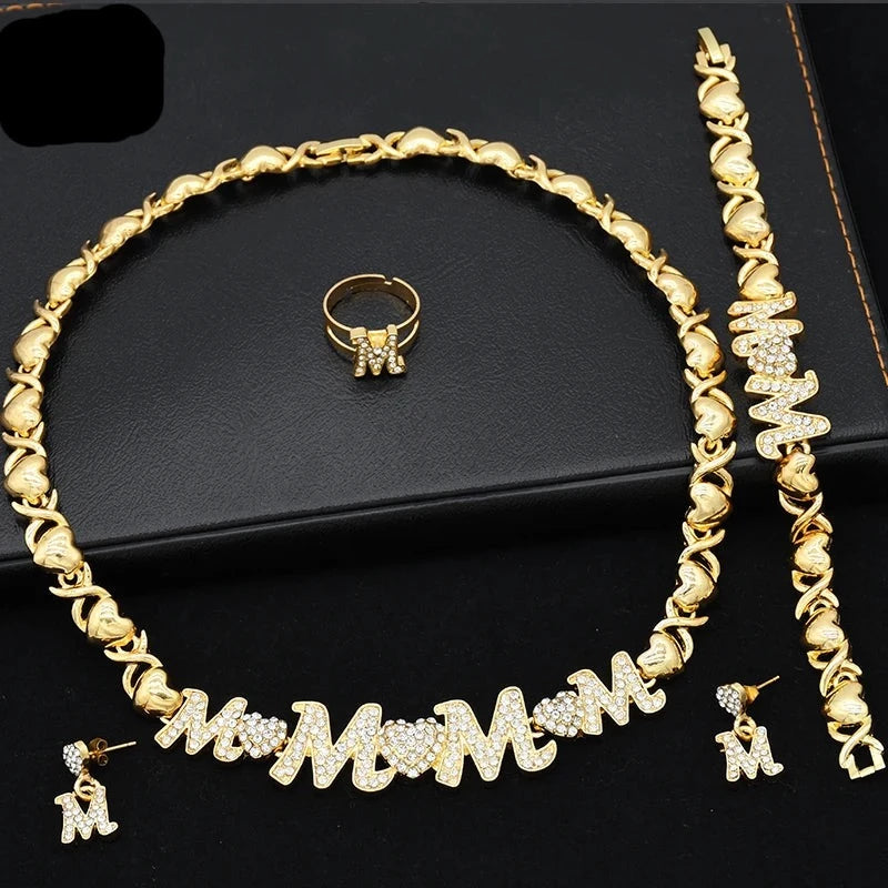 XOXO Women Necklace Set 18K Gold Plated Bride M&M Crystal Wedding Necklace Earrings Bracelet Ring Jewelry Set Party Gift