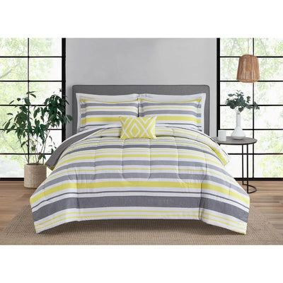 Grey and Yellow Stripe 8 Piece Bed in a Bag Comforter Set with Sheets bed set  bedding set  bed sheet Home Textile