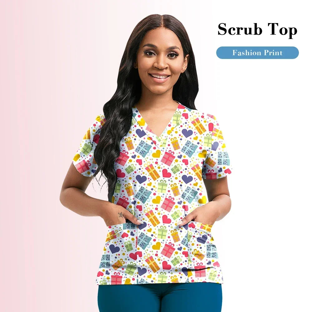 Nursing Scrubs Top Women Working Uniform Blouse Short Sleeve V-neck Printing Uniform Clothes Nurses Accessories Unisex