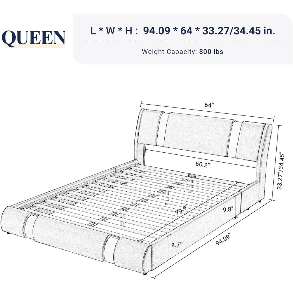 Bed frame with iron plate trim, faux leather upholstered platform bed with adjustable headboard and sturdy wooden slats