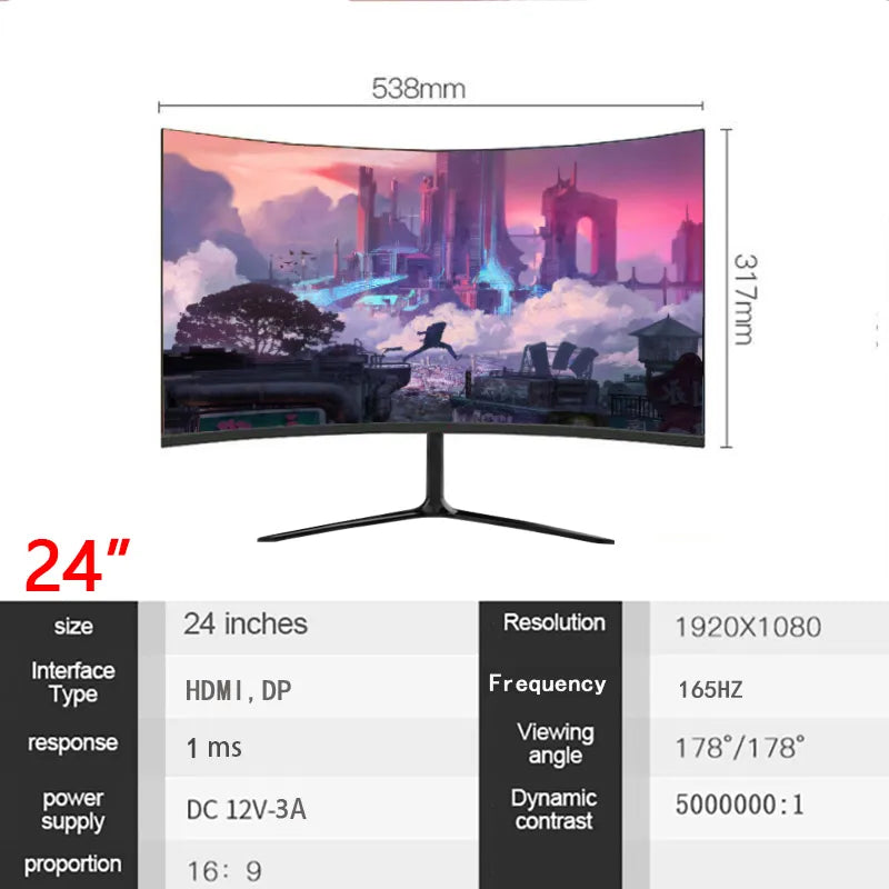 Gamer Monitors 24 inch 1920* 1080p LCD Curved Monitor 165hz