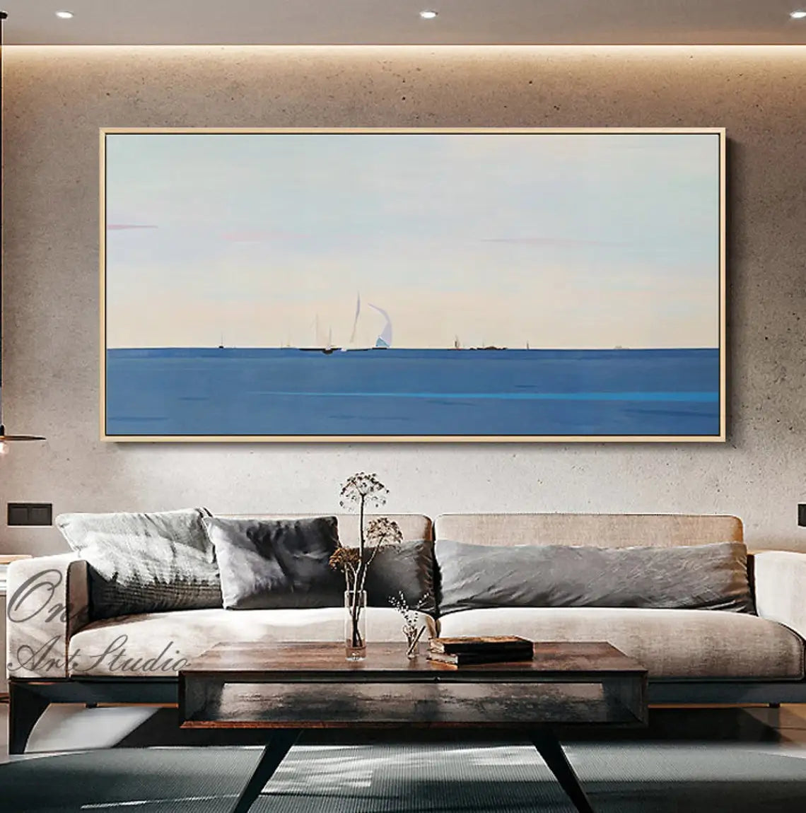 Large Abstract Sailboat Seascape Handmade Oil Painting on Canvas Textured Wall Art Original Blue Ocean Landscape Room Decor Art